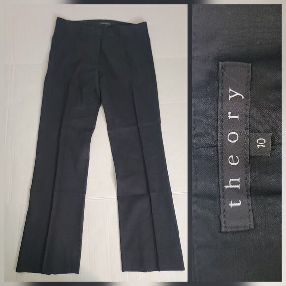 Theory Trouser Pants Womens SZ 10 Straight Leg Linen Blend High Rise Black - Picture 1 of 9